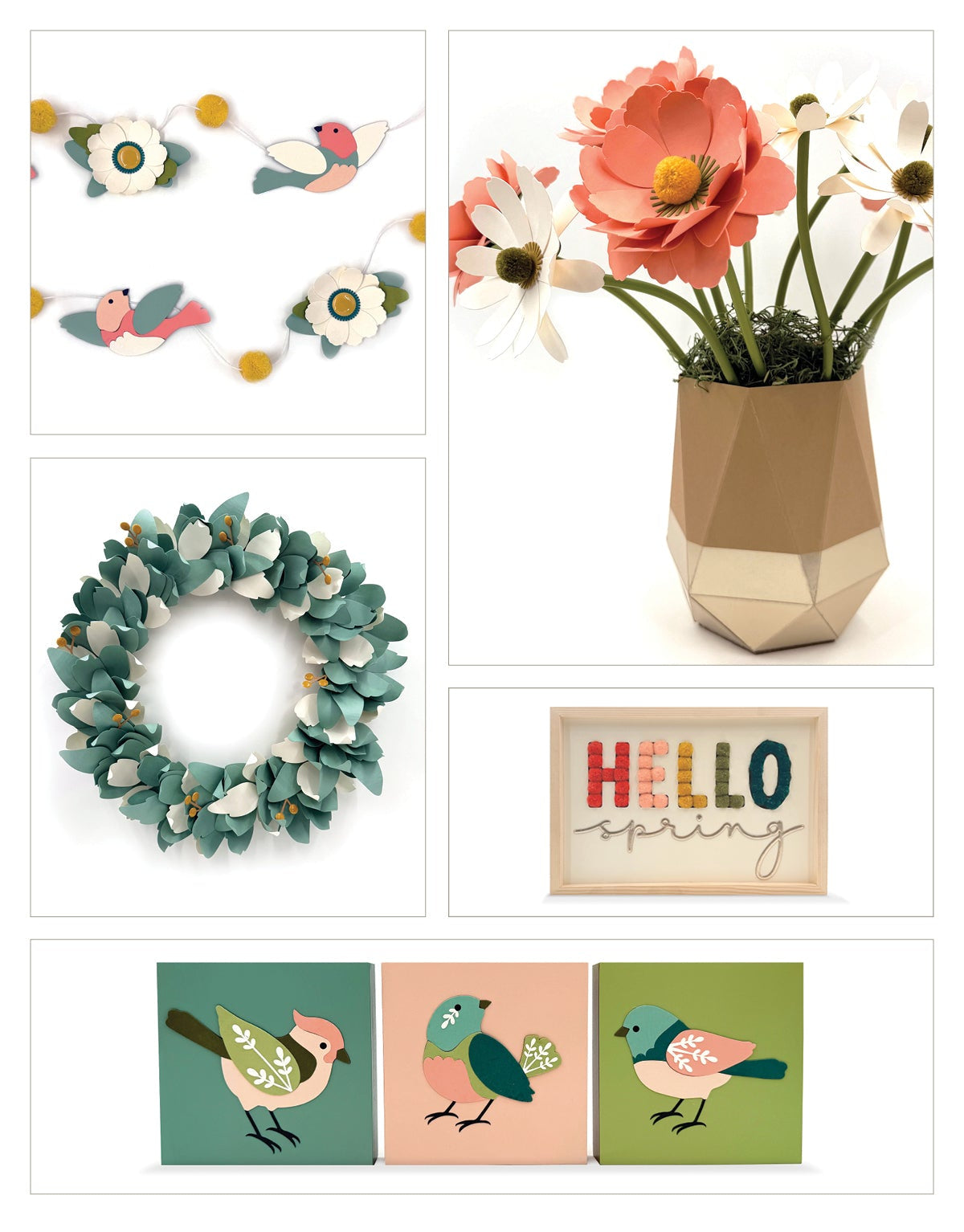 Collage of craft projects for adult women including flowers, wreath, cards with birds and 'Hello Spring' text