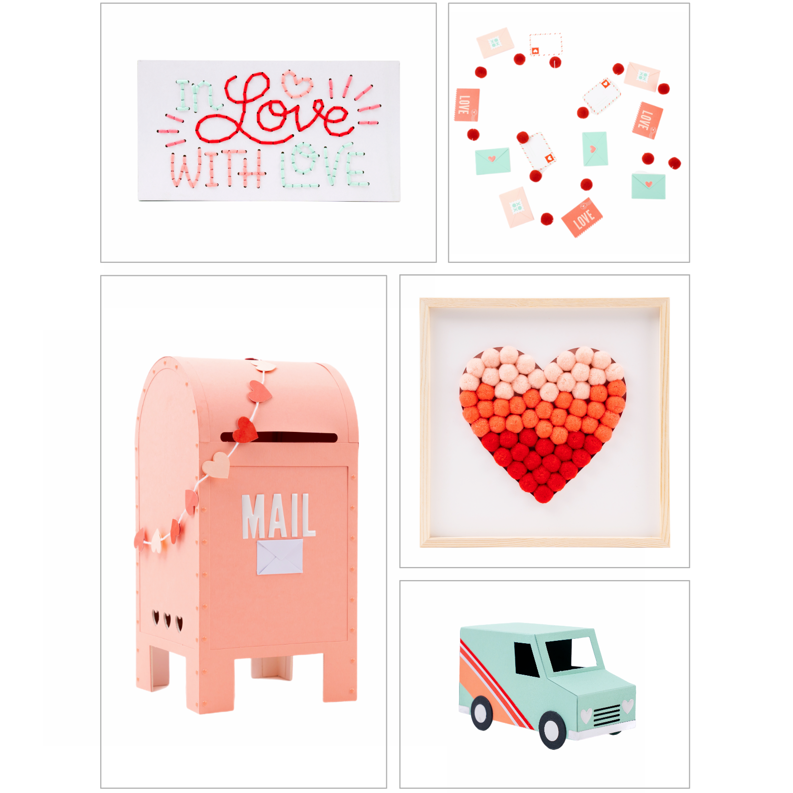 valentines craft kits: string art, garland, mailbox, pom pom heart frame, and mailtruck