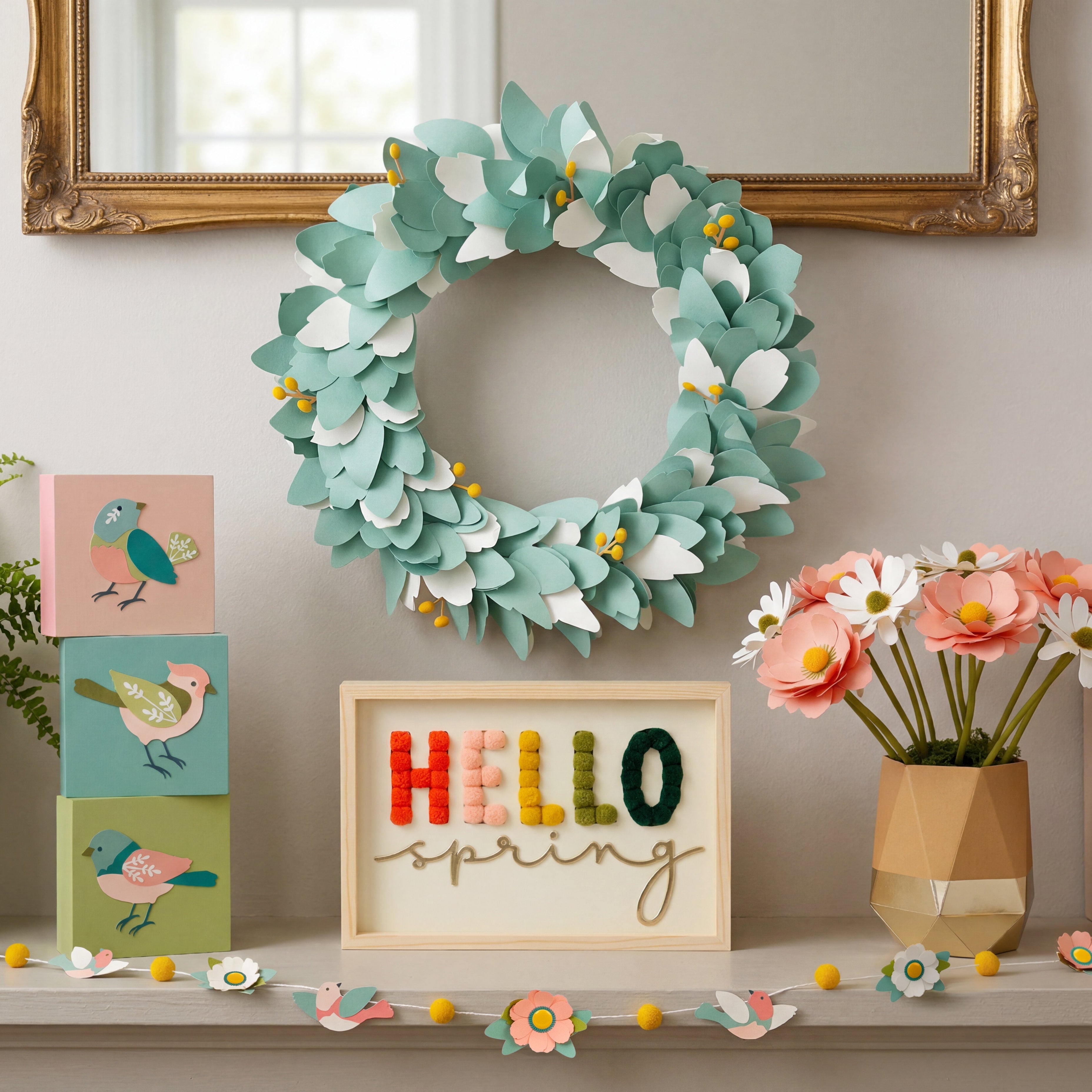 Decorative shelf with a DIY paper wreath, 'Hello Spring' sign, flowers and bird decor.