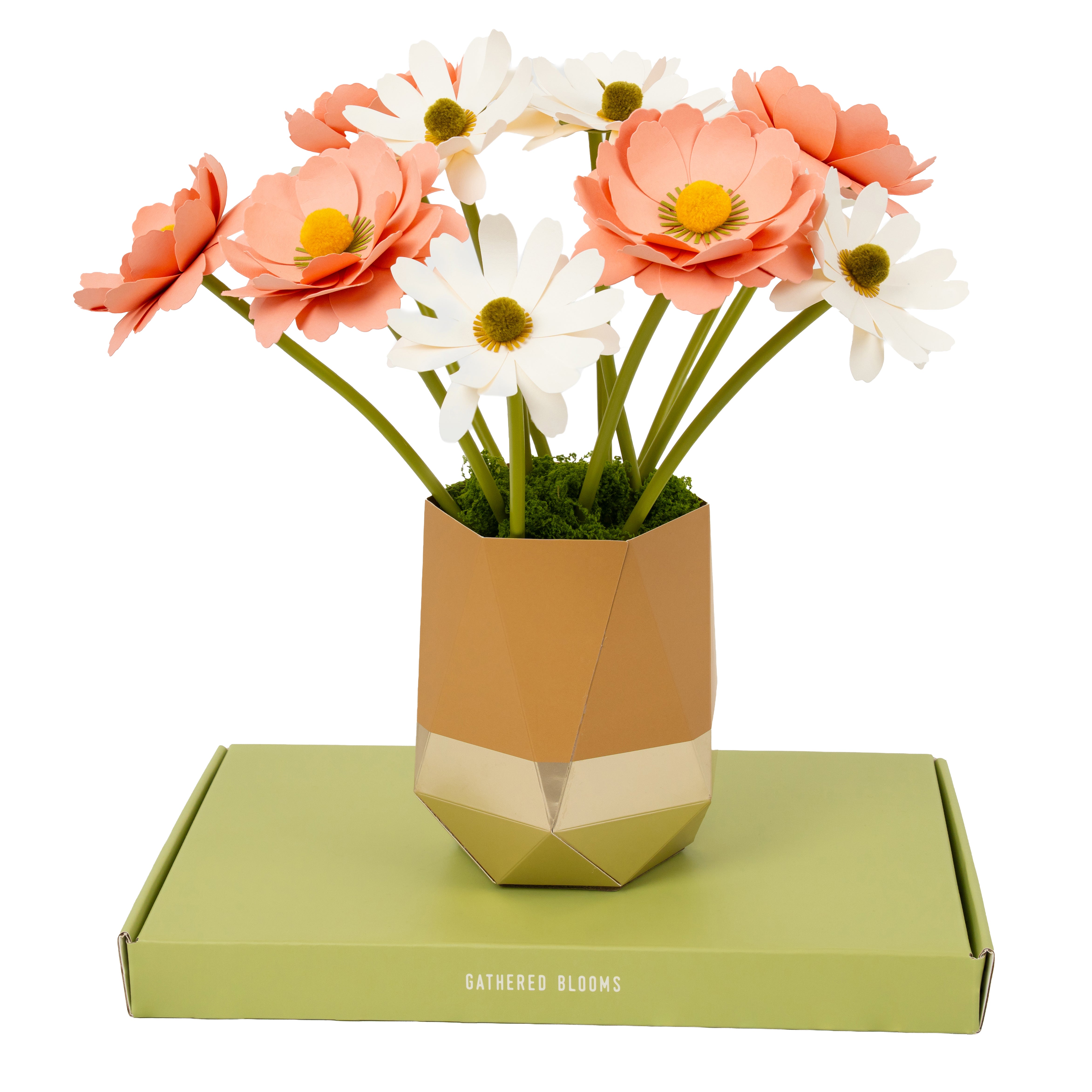 paper flower bouquet craft kit with pink and white flowers in vase
